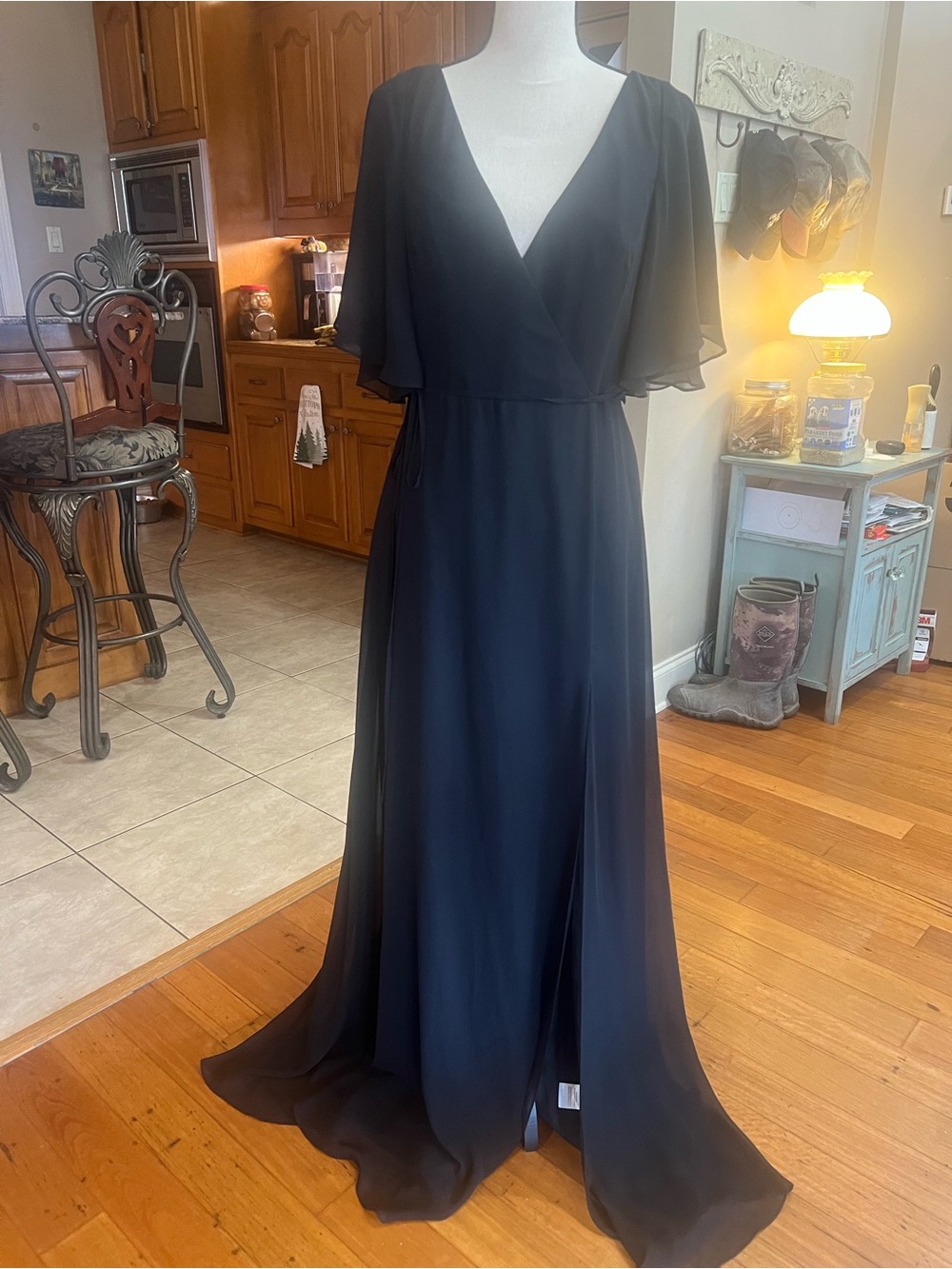 Jenny Yoo Black Wrap Maxi Dress with Flutter Sleeves - Picture 2 of 12